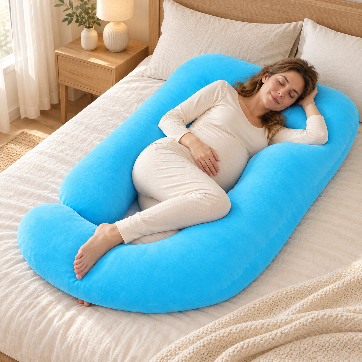 Full-Body Pregnancy Pillow with Washable Cover — Turquoise — used by adult model