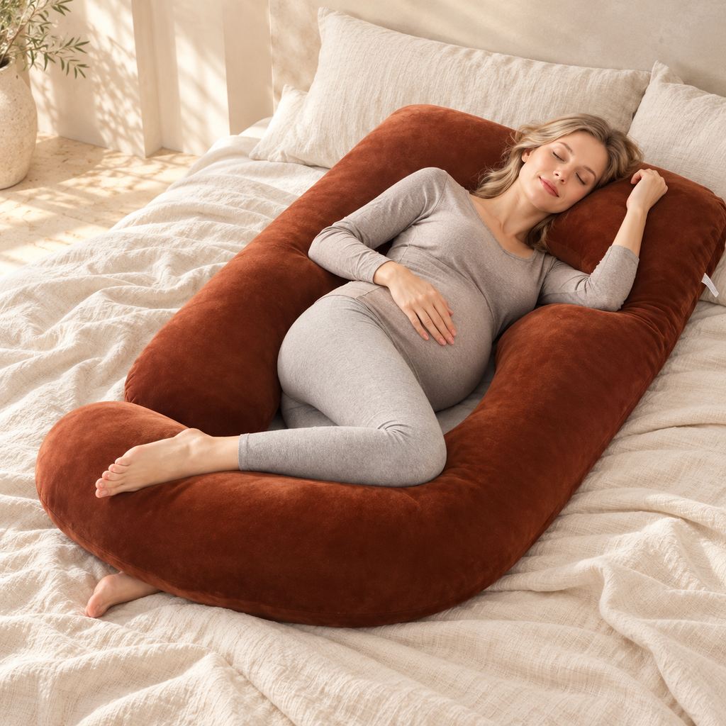 Full-Body Pregnancy Pillow with Washable Cover, Dark Brown, shown on an adult model