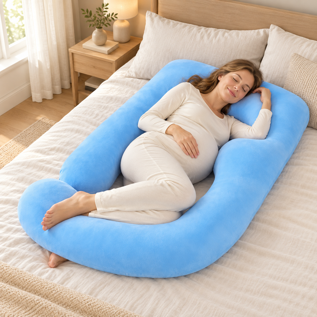 Full-Body Pregnancy Pillow with Washable Cover — Baby blue — used by adult model