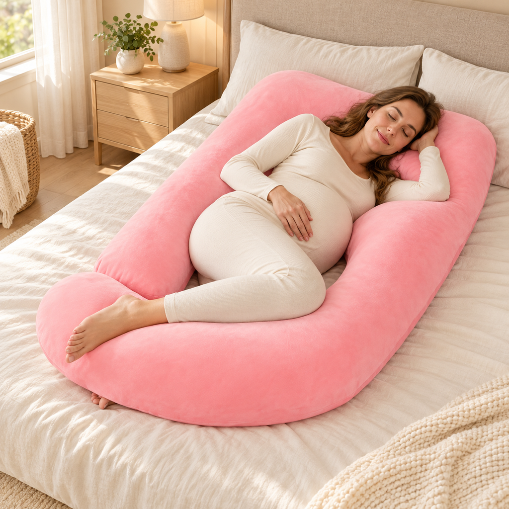Full-Body Pregnancy Pillow with Washable Cover — Pink — used by adult model