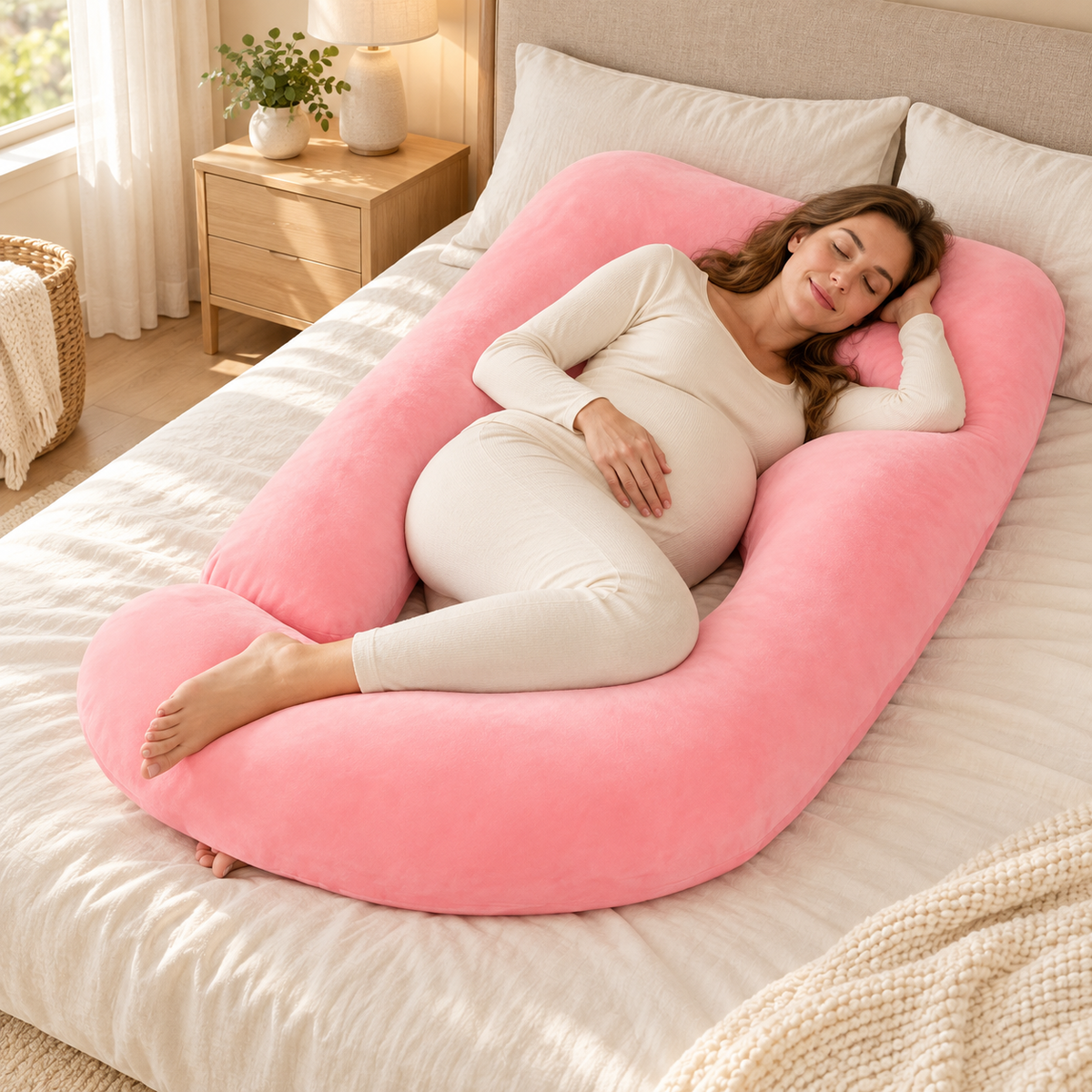 Full-Body Pregnancy Pillow with Washable Cover — Pink — used by adult model
