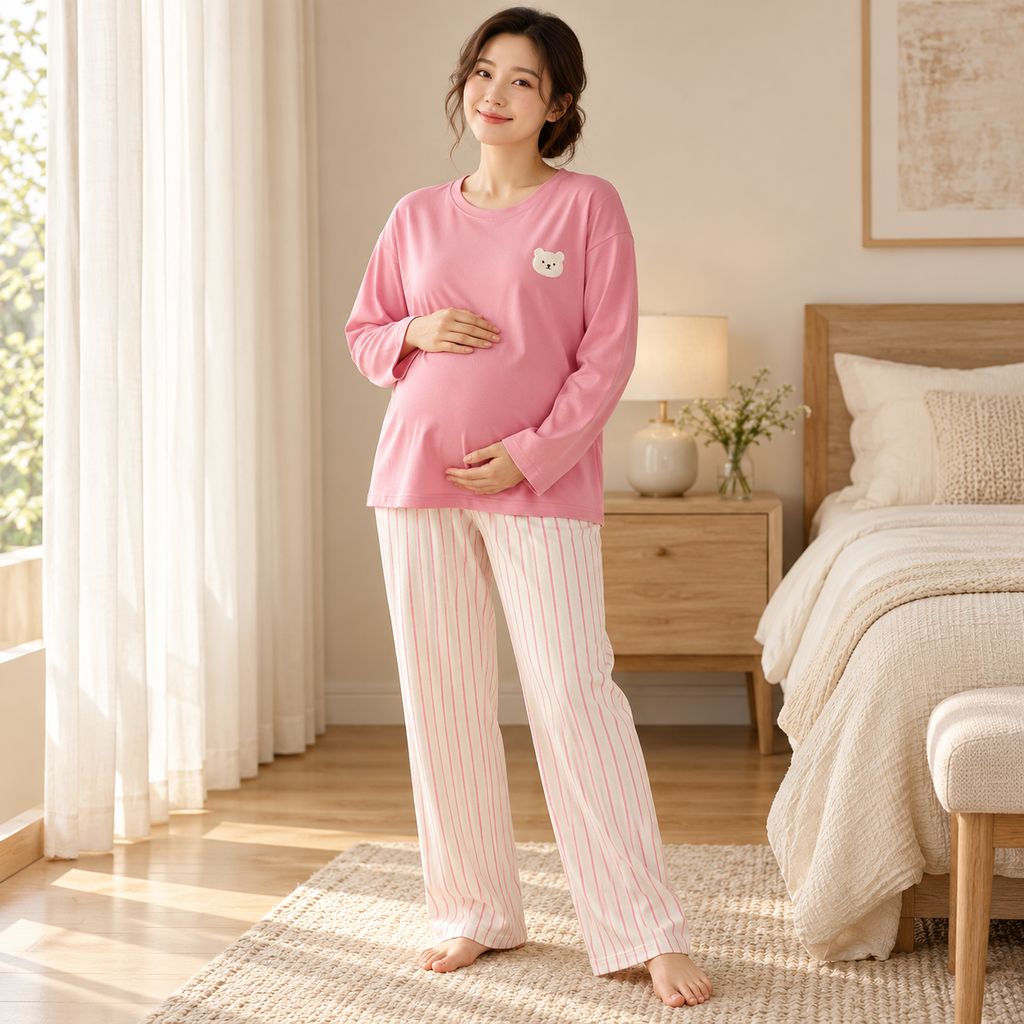 Long-Sleeve Nursing Pyjamas with Built-In Support — A02-24184 — worn by adult model