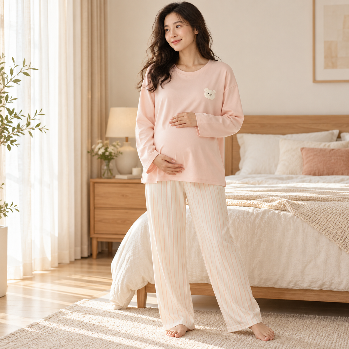Long-Sleeve Nursing Pyjamas with Built-In Support — A02-24186 — worn by adult model