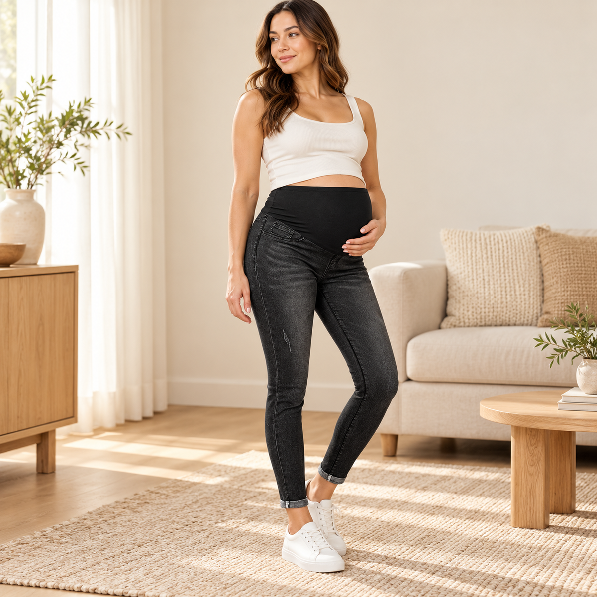 Elastic-Waist Maternity Pencil Jeans — black — worn by adult model