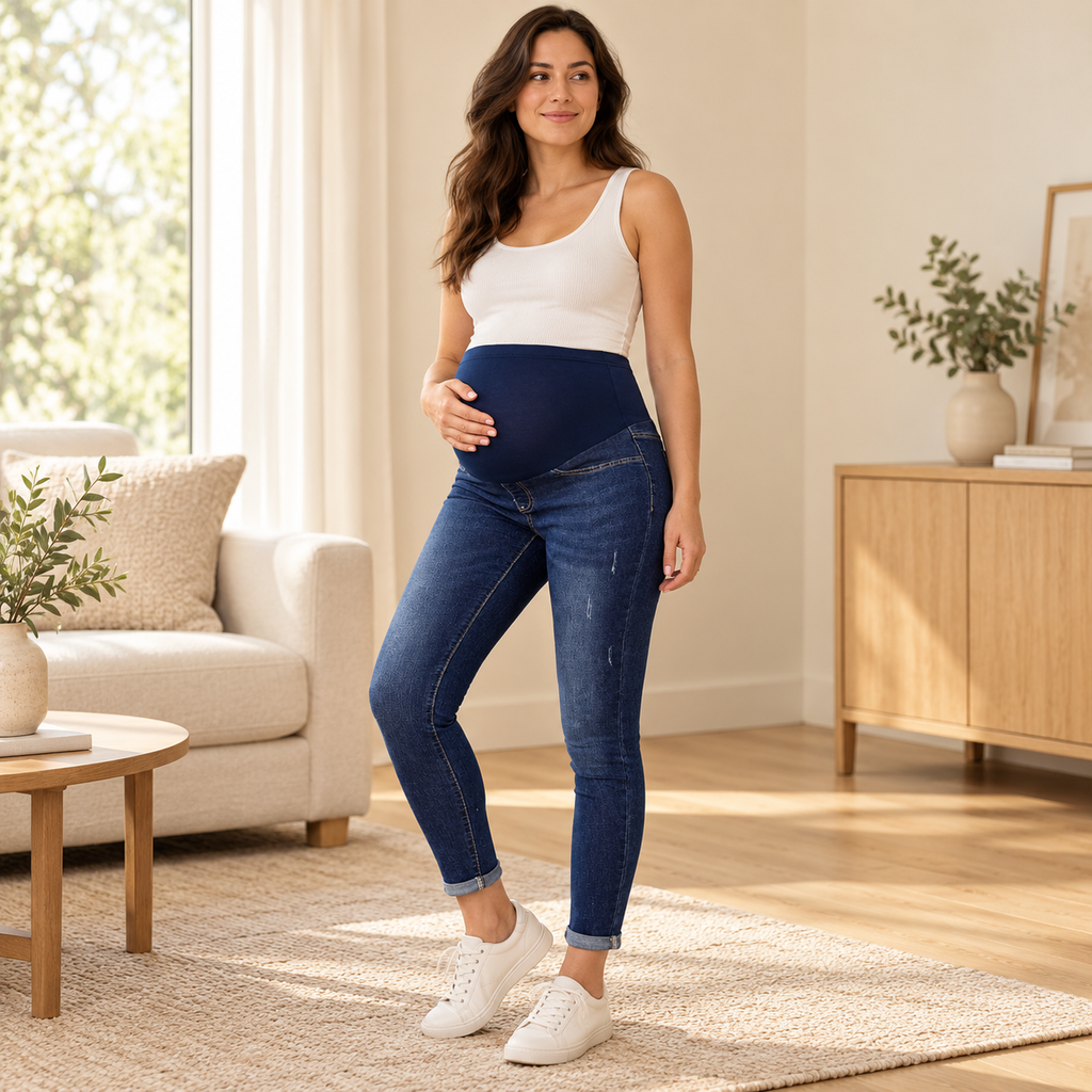 Elastic-Waist Maternity Pencil Jeans — Blue — worn by adult model