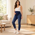 Elastic-Waist Maternity Pencil Jeans — Blue — worn by adult model