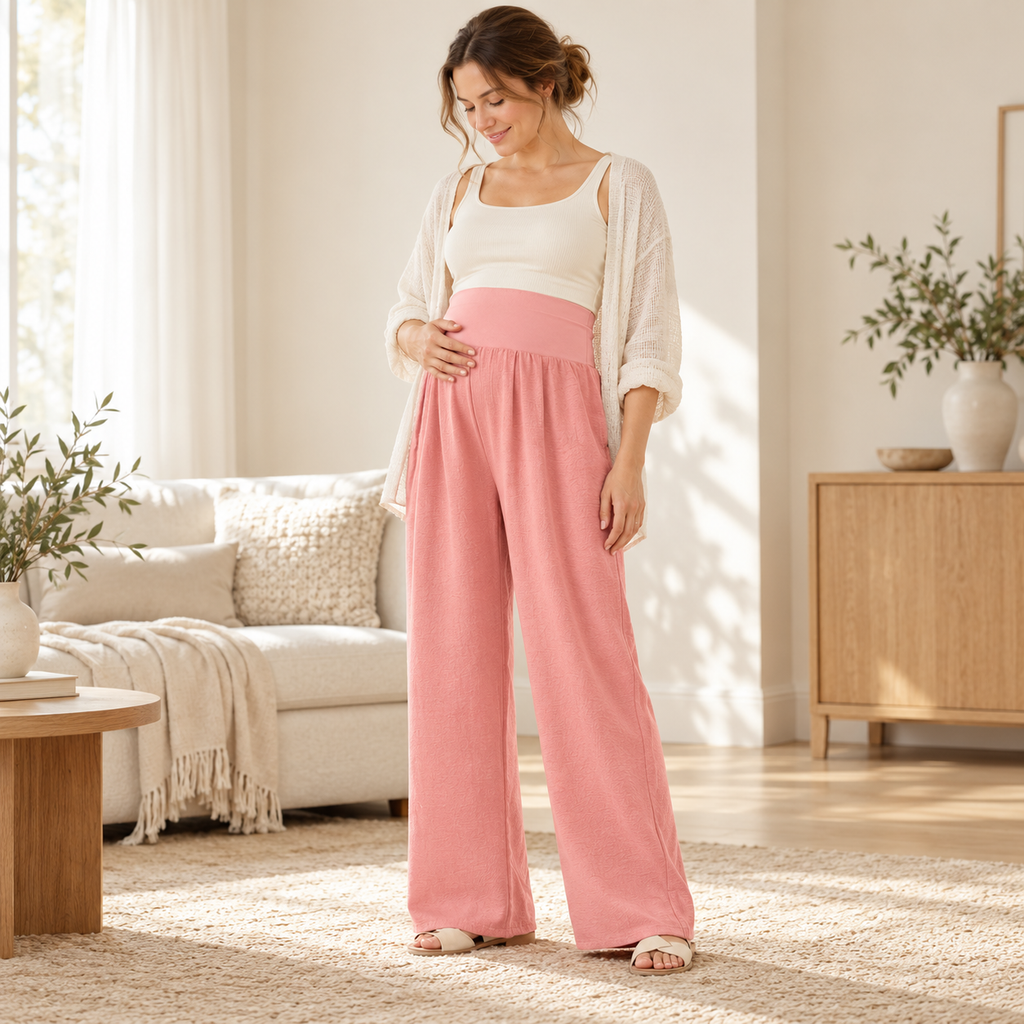 Lightweight Wide-Leg Maternity Trousers — Coral — worn by adult model