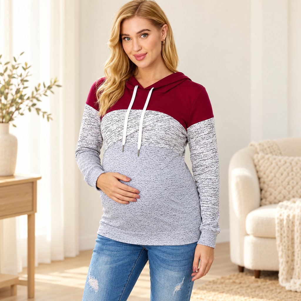 Colour-Block Long-Sleeve Nursing Hoodie — Red, worn by an adult model