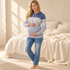 Printed Long-Sleeve Maternity Nursing Top, Blue, shown on an adult model