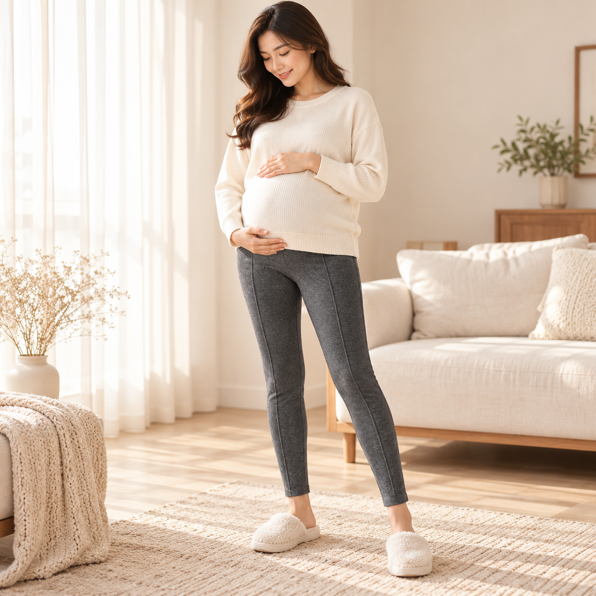 Warm-Lined Maternity Leggings — Dark gray, worn by an adult model