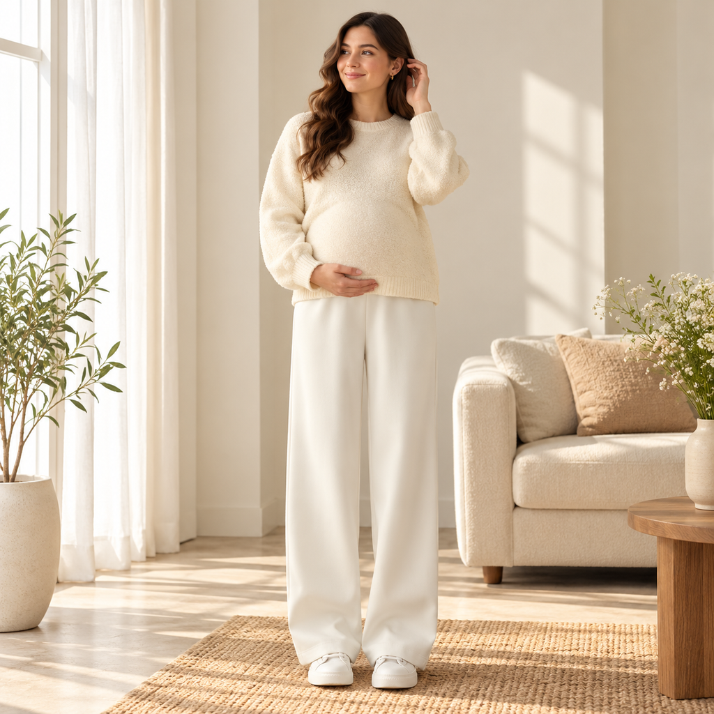 Relaxed Wide-Leg Maternity Trousers — White — Spring, worn by an adult model