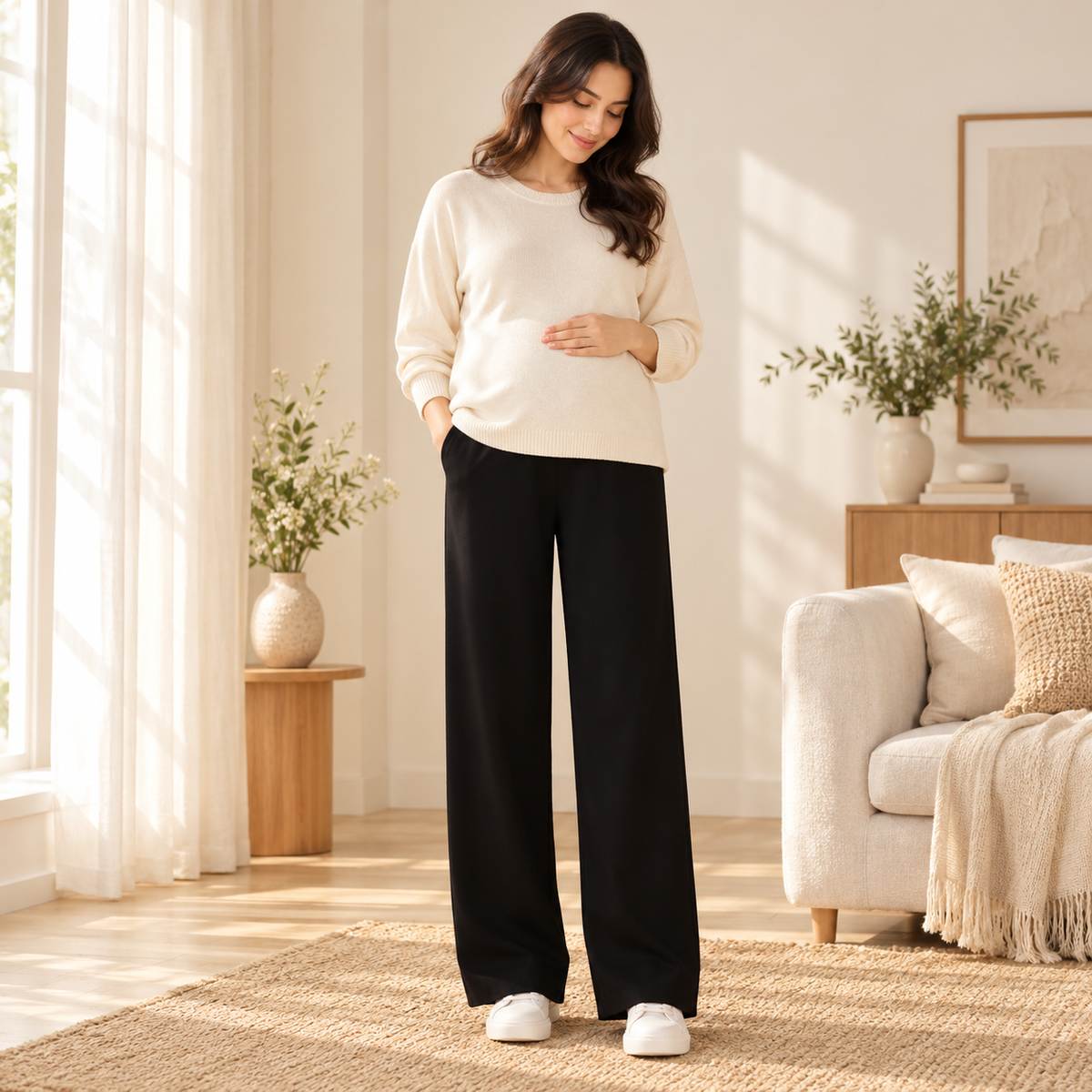 Relaxed Wide-Leg Maternity Trousers — Black, worn by an adult model