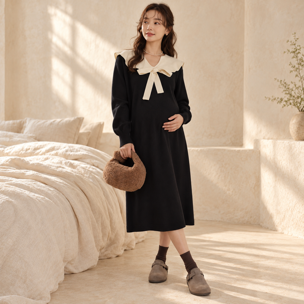 Bow-Detail Long-Sleeve Maternity Knit Dress, Standard — no nursing zip, shown on an adult model