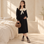 Bow-Detail Long-Sleeve Maternity Knit Dress, Standard — no nursing zip, shown on an adult model