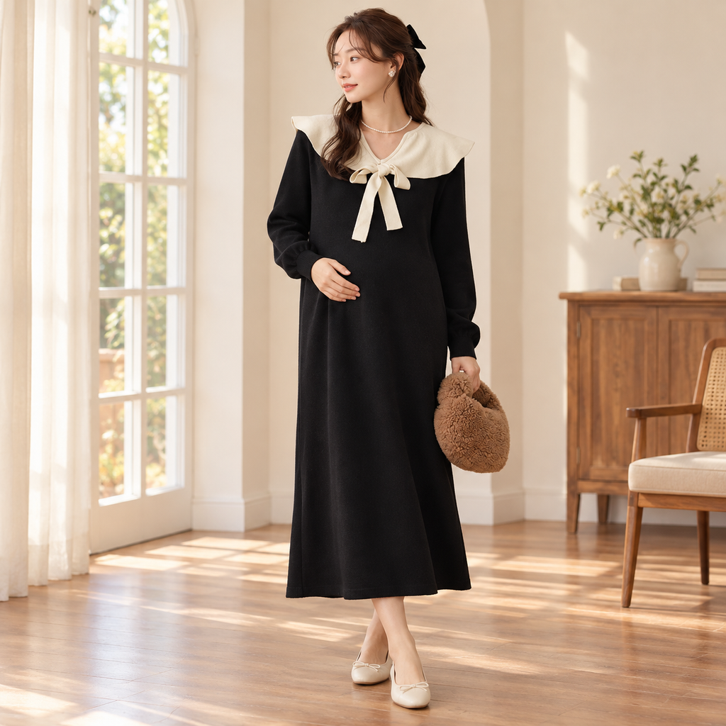 Bow-Detail Long-Sleeve Maternity Knit Dress — Nursing — zip access, worn by an adult model