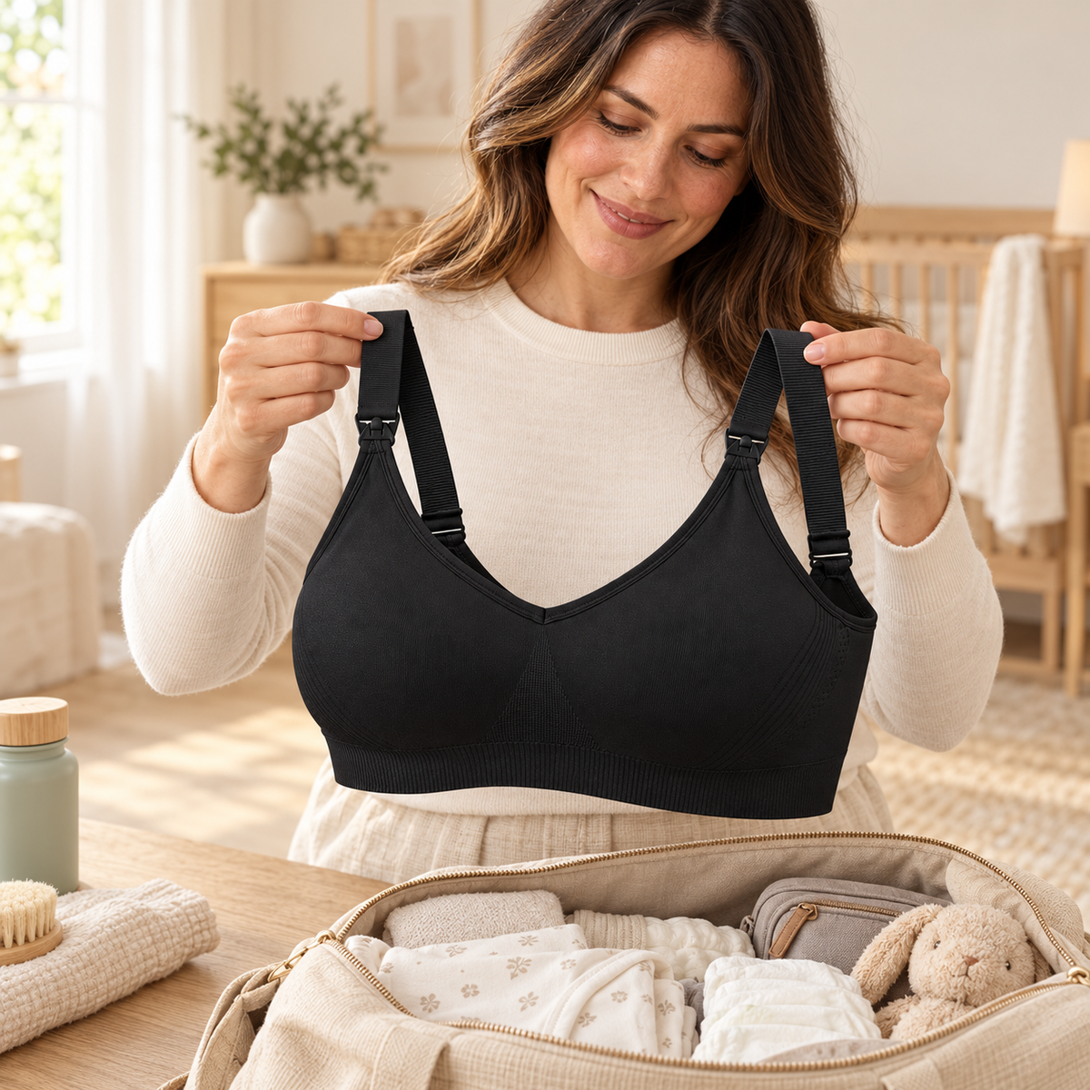 Wireless Clip-Down Nursing Bra — Single & Two-Packs — 1 bra — Black, held by a fully clothed adult model while packing a maternity bag