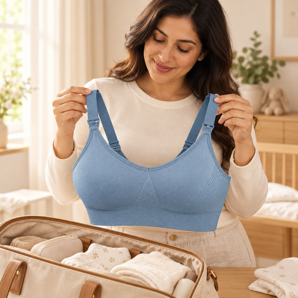 Wireless Clip-Down Nursing Bra — Single & Two-Packs — 1 bra — Blue, held by a fully clothed adult model while packing a maternity bag