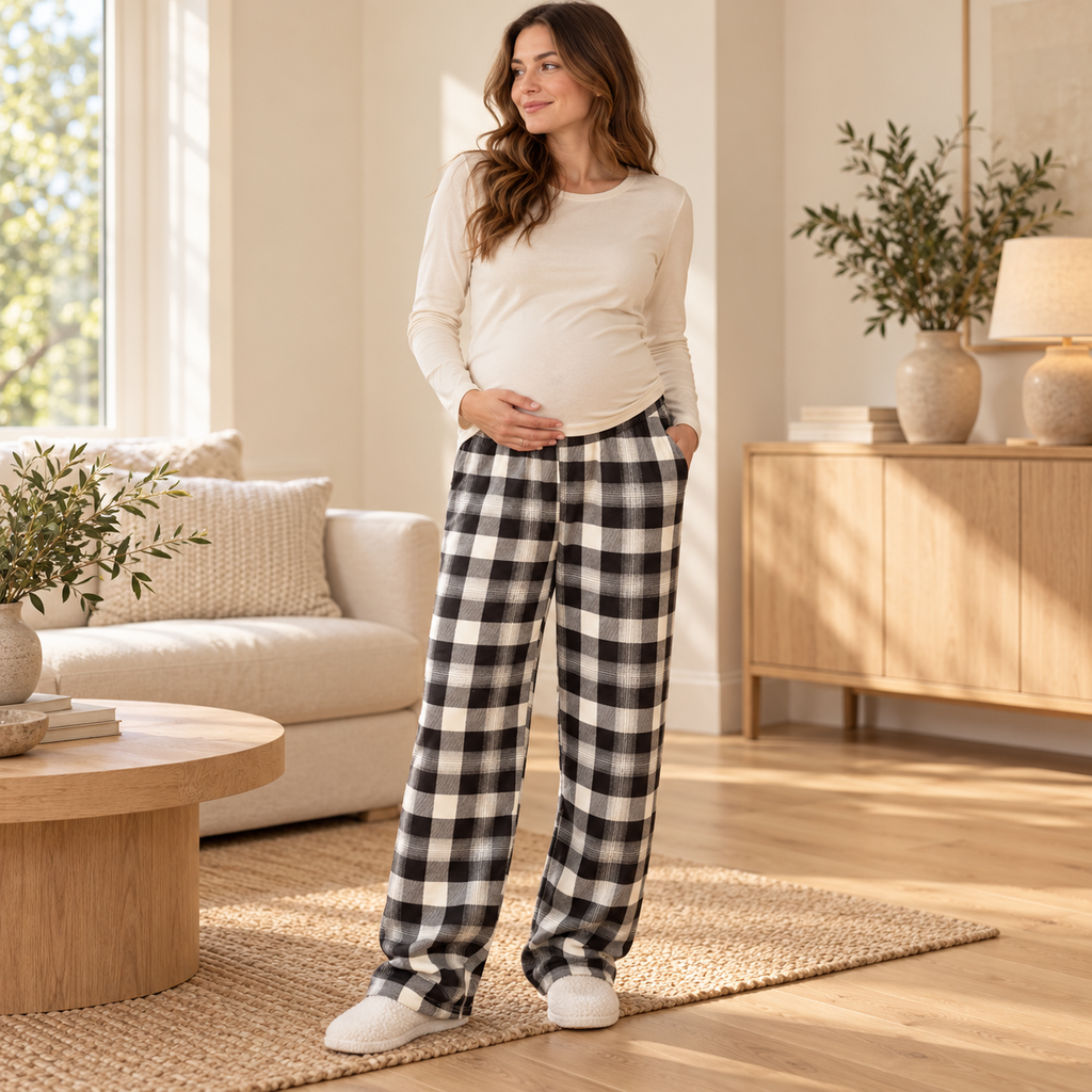 Plaid Wide-Leg Maternity Trousers — Style B — worn by adult model