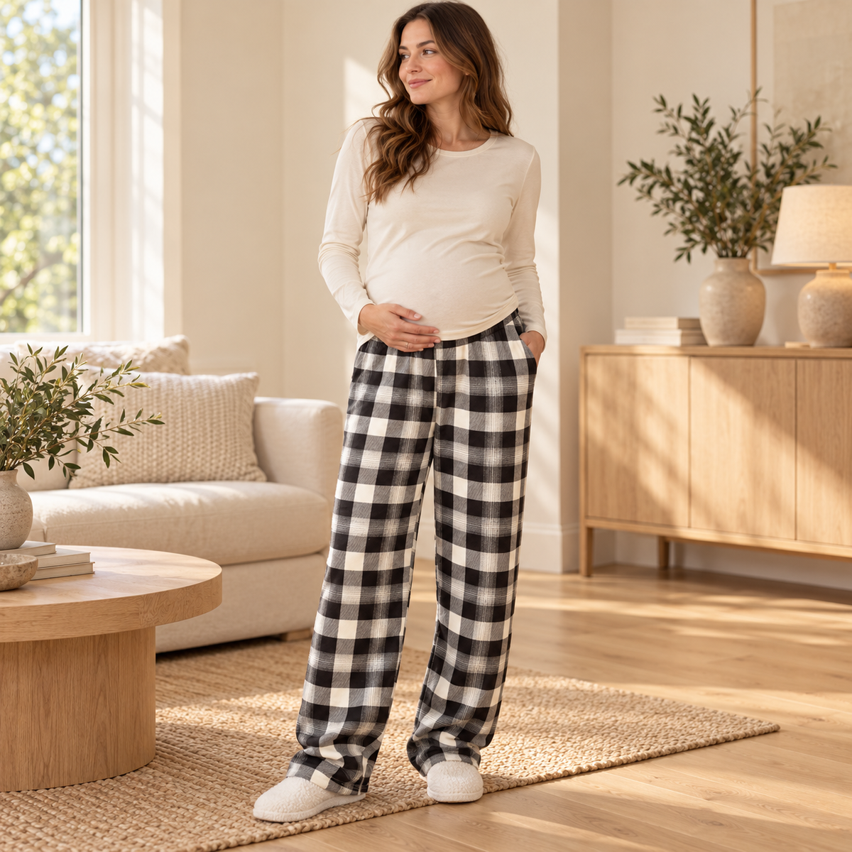 Plaid Wide-Leg Maternity Trousers — Style B — worn by adult model