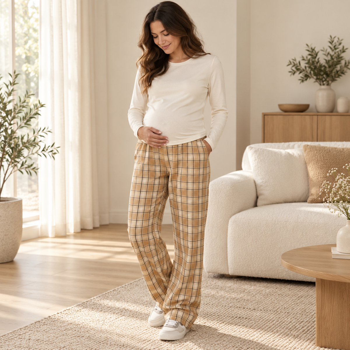 Plaid Wide-Leg Maternity Trousers — Style F — worn by adult model