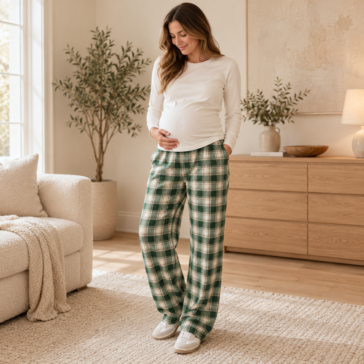 Plaid Wide-Leg Maternity Trousers — Style G — worn by adult model