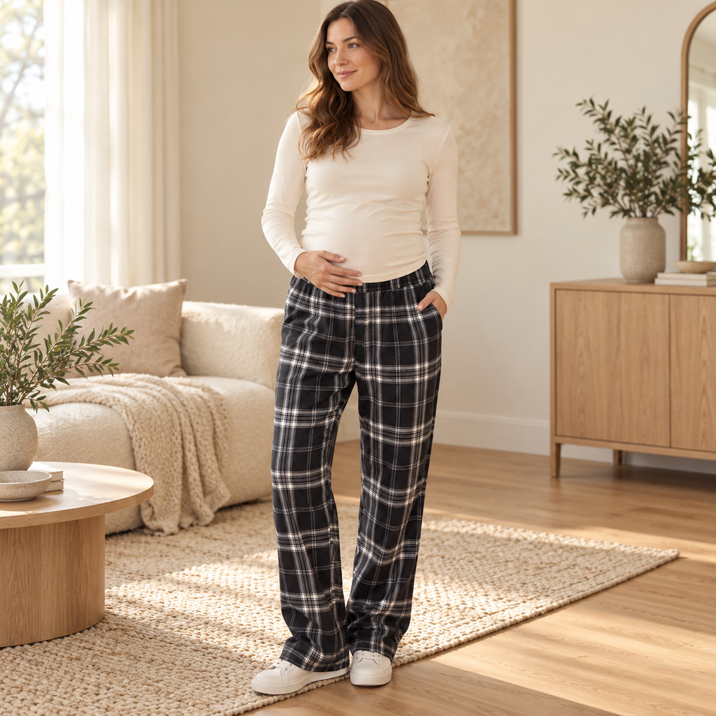 Plaid Wide-Leg Maternity Trousers — Style A — worn by adult model