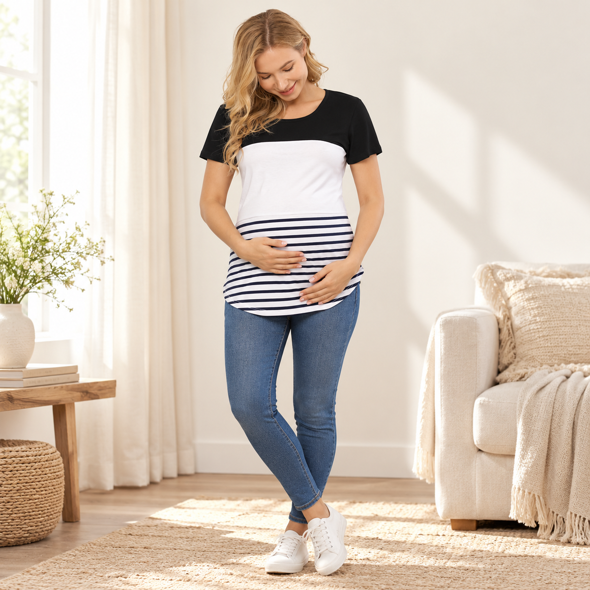 Relaxed Short-Sleeve Nursing T-Shirt — black, worn by an adult model