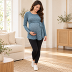 Tie-Waist Long-Sleeve Maternity Tunic — Dusty Blue — worn by adult model