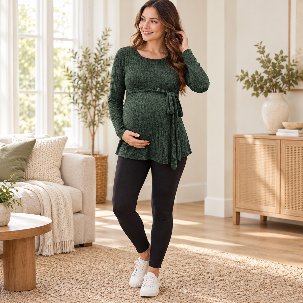 Tie-Waist Long-Sleeve Maternity Tunic — Forest Green — worn by adult model