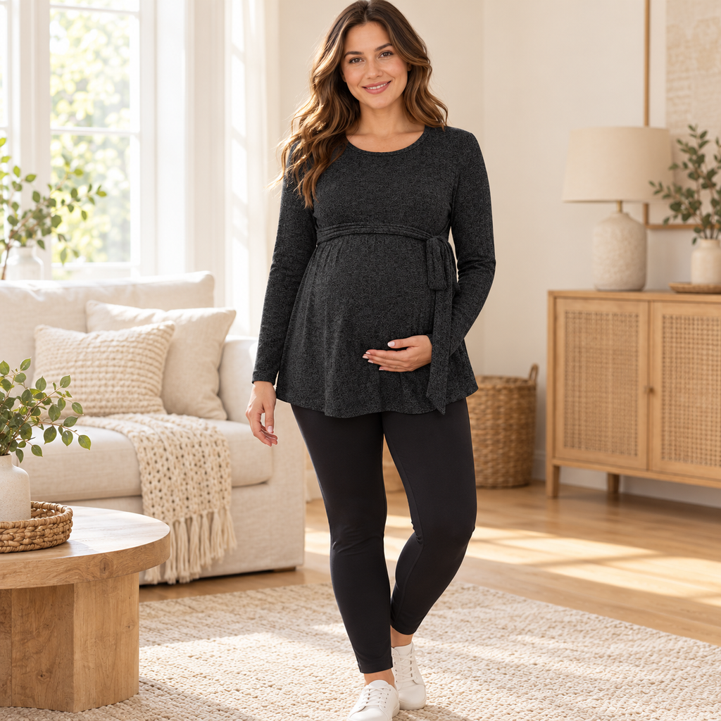 Tie-Waist Long-Sleeve Maternity Tunic — Black — worn by adult model