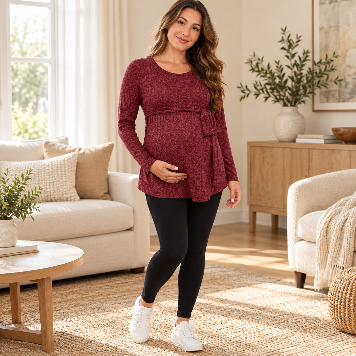 Tie-Waist Long-Sleeve Maternity Tunic — Burgundy — worn by adult model