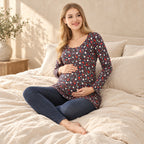 Printed Long-Sleeve Ruched Nursing Top, Brown, worn by an adult model
