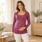 Printed Long-Sleeve Ruched Nursing Top — Red — worn by adult model