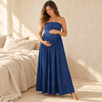 Strapless Denim-Look Maternity Photoshoot Dress, Blue, shown on an adult model