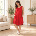 Sleeveless A-Line Maternity Dress — Red — worn by adult model