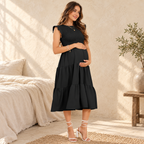 Relaxed Short-Sleeve Maternity Dress, black, shown on an adult model