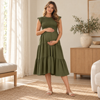 Sleeveless Tiered Maternity Dress — army green — worn by adult model