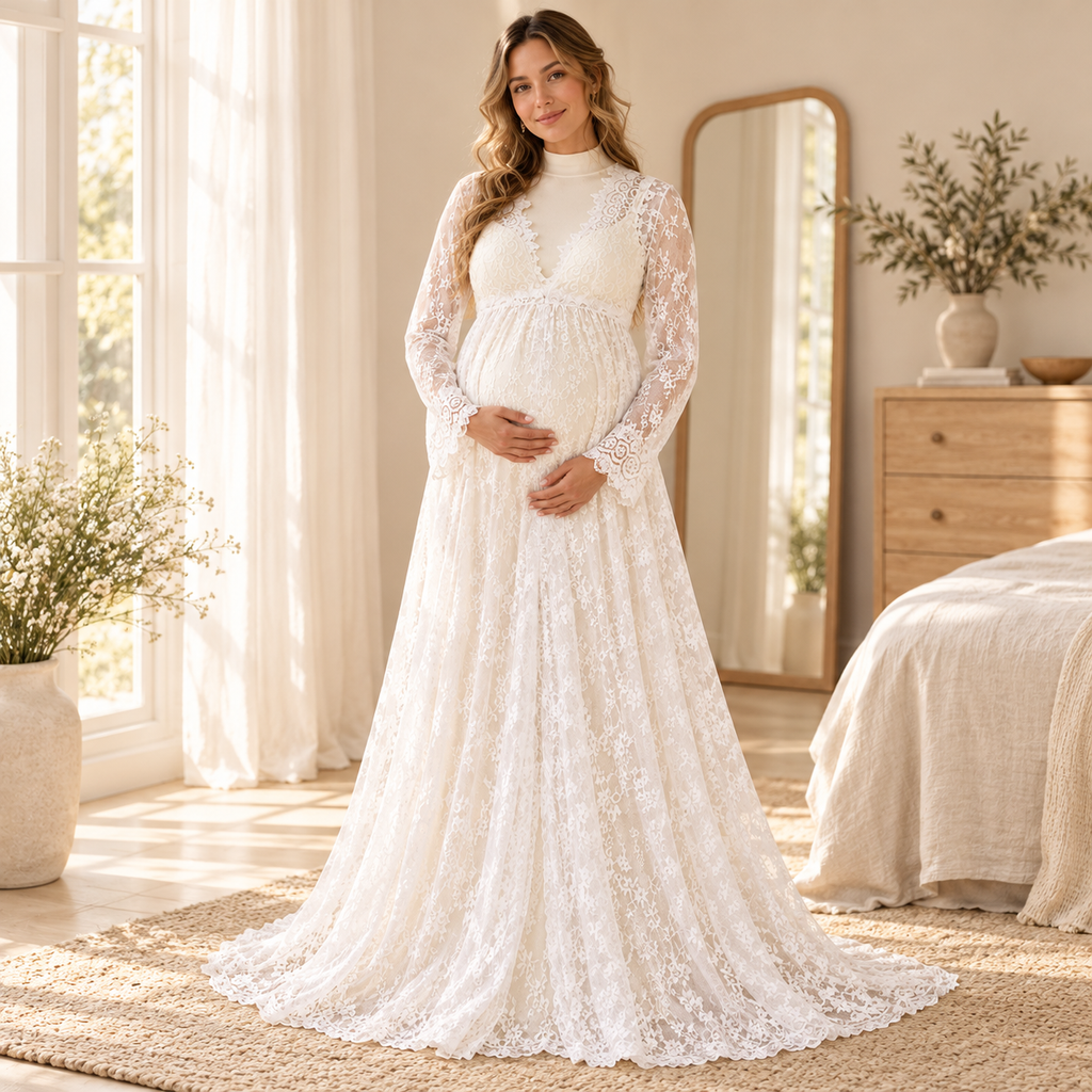 Lace Maxi Maternity Photoshoot Dress — White, styled over a separate opaque base dress on an adult model