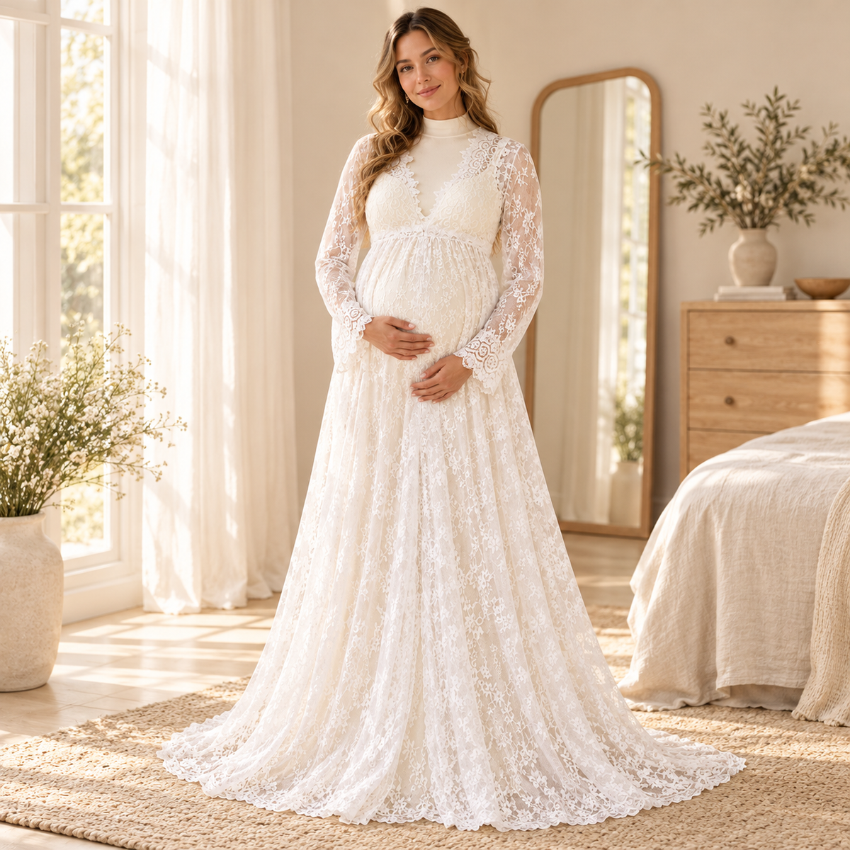 Lace Maxi Maternity Photoshoot Dress — White, styled over a separate opaque base dress on an adult model