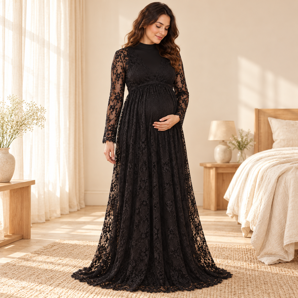 Lace Maxi Maternity Photoshoot Dress — Black, styled over a separate opaque base dress on an adult model