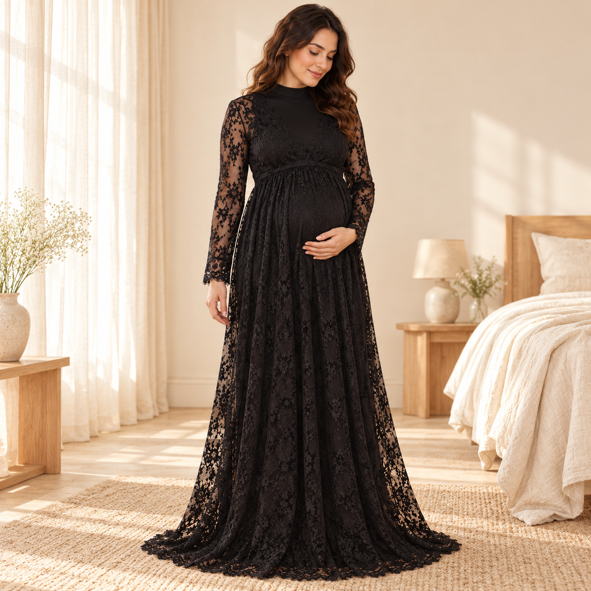 Lace Maxi Maternity Photoshoot Dress — Black, styled over a separate opaque base dress on an adult model