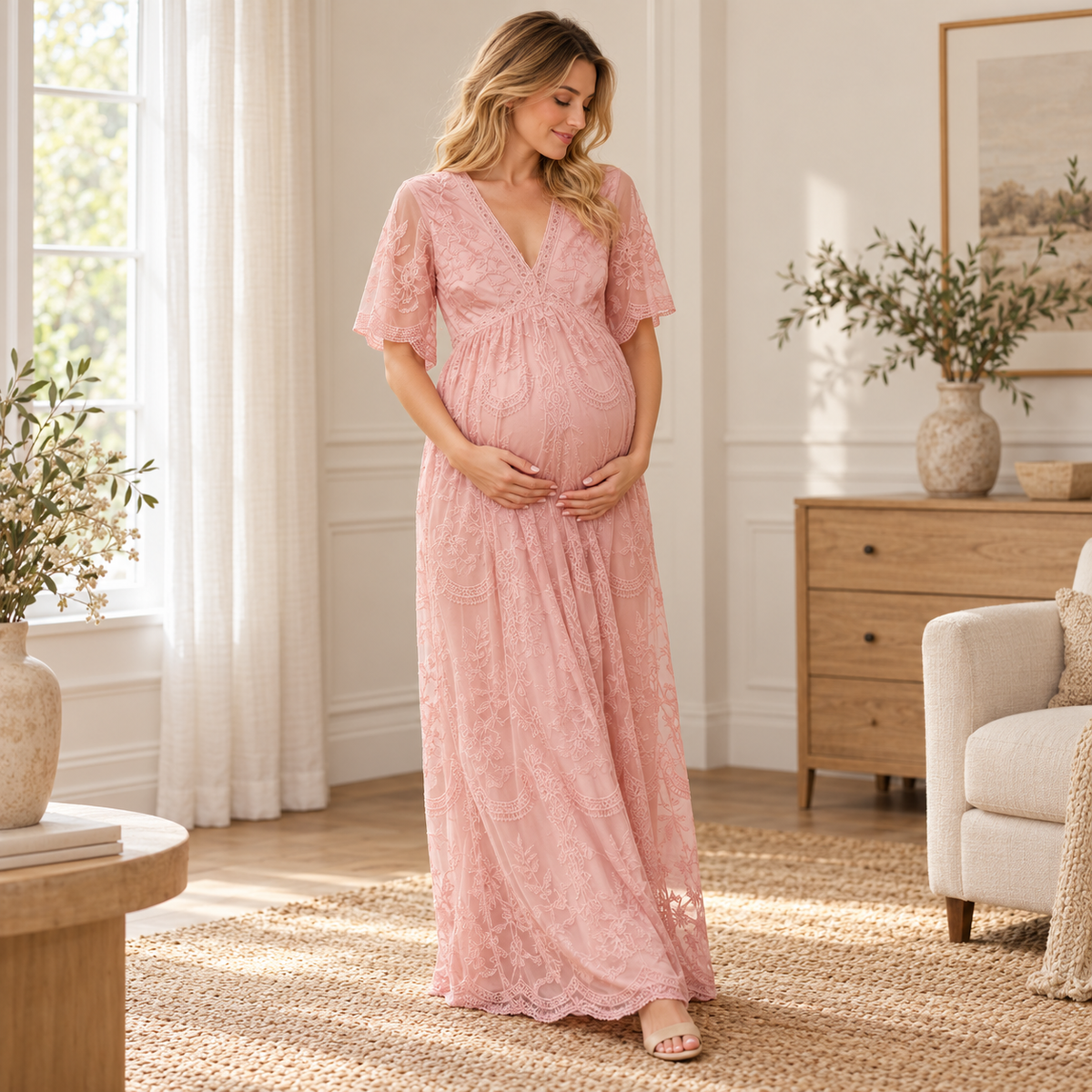 V-Neck Lace Maternity Maxi Dress — Pink — worn by adult model