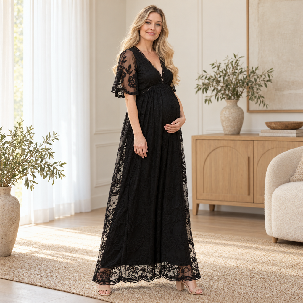 V-Neck Lace Maternity Maxi Dress — black — worn by adult model