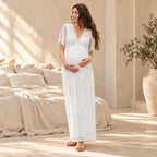 Off-Shoulder Maxi Maternity Photoshoot Gown, WHITE, worn by an adult model