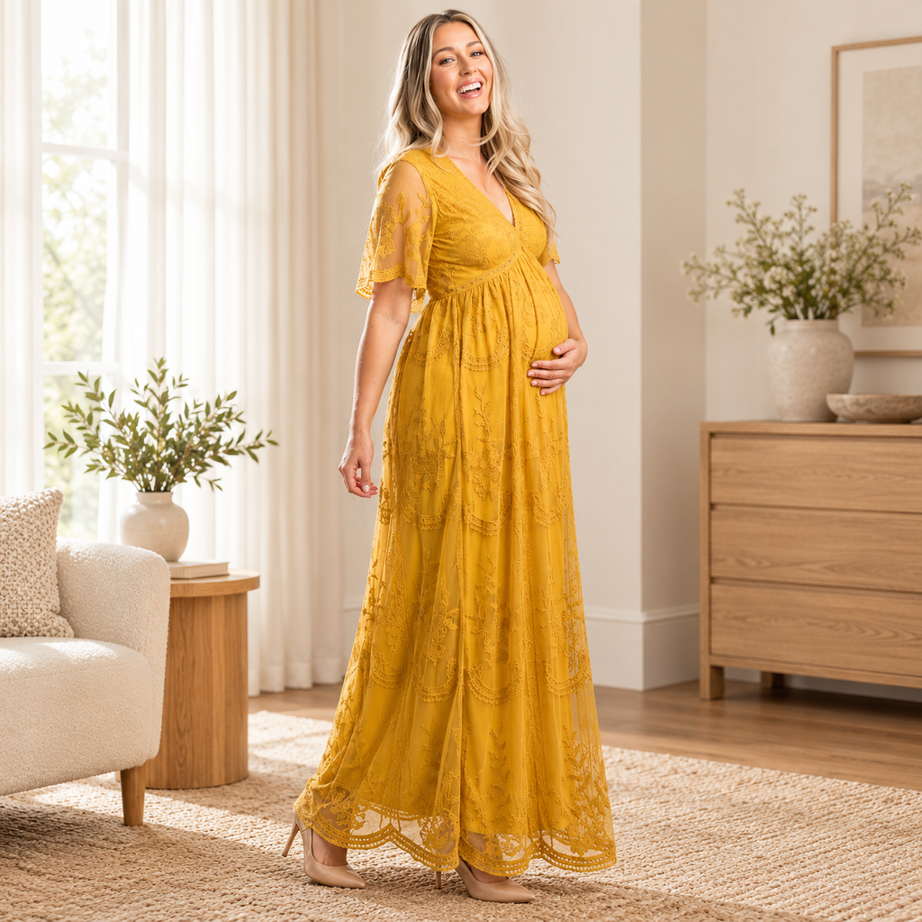 V-Neck Lace Maternity Maxi Dress — YELLOW — worn by adult model