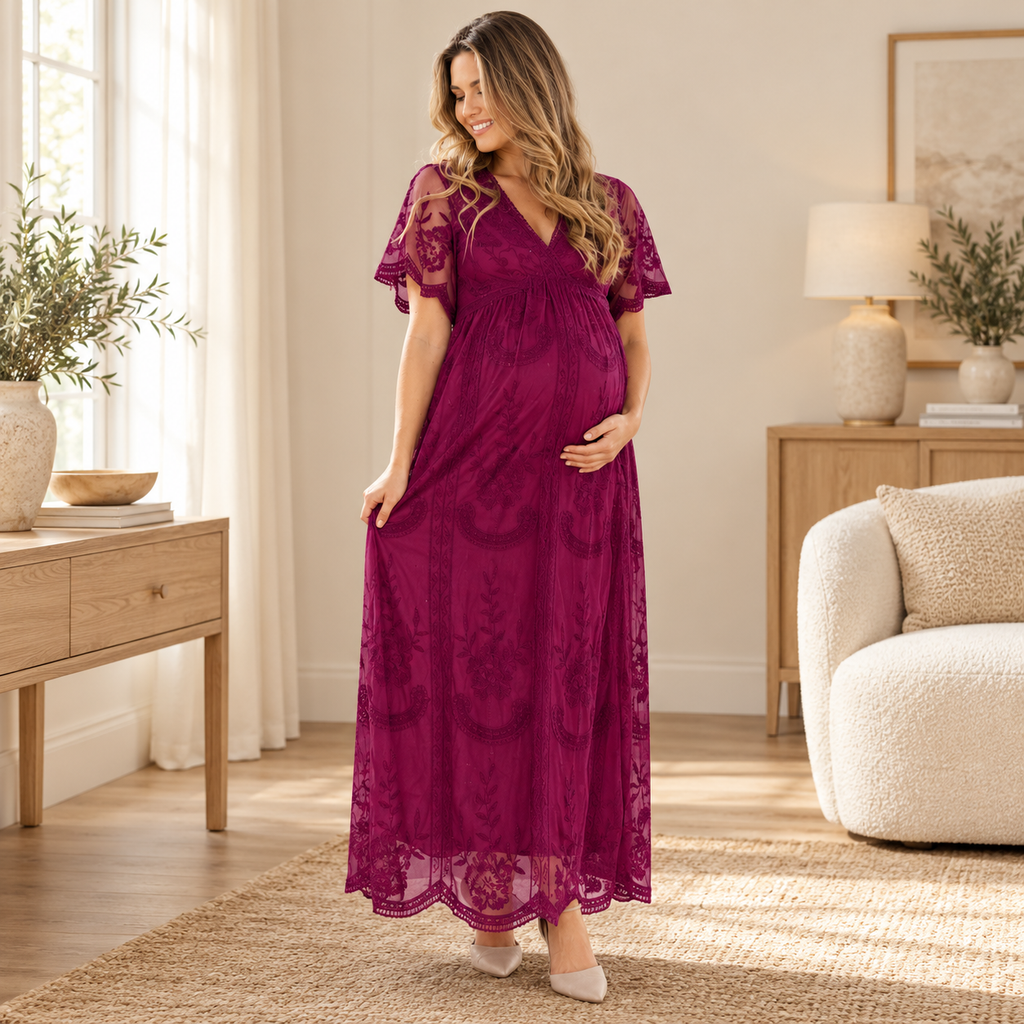 V-Neck Lace Maternity Maxi Dress — PURPLE — worn by adult model