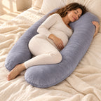 J-Shaped Full-Body Pregnancy Pillow, U grey pillow, worn by an adult model