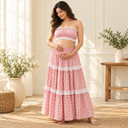 Lace-Trim Maternity Tube Top & Tiered Skirt Set — Pink, worn by an adult model