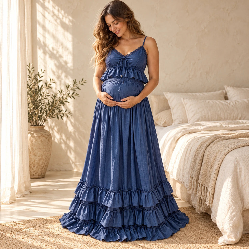 Lace Camisole & Tiered Maternity Maxi Skirt Set, Denim blue, worn or used by an adult model