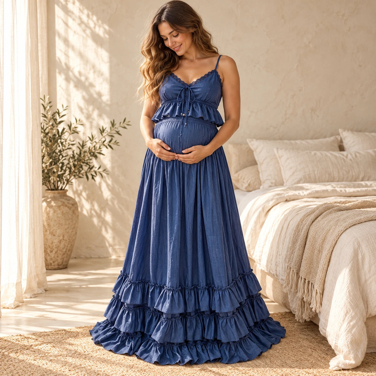 Lace Camisole & Tiered Maternity Maxi Skirt Set, Denim blue, worn or used by an adult model